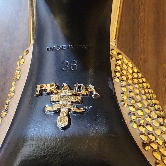 Prada Gold Crystal High Heel Satin Slides - Picture 1 of 5